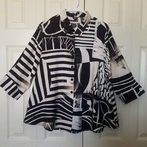SHANA Black & Ivory Abstract Tunic Blouse Pockets 3/4 Sleeve Womens XL